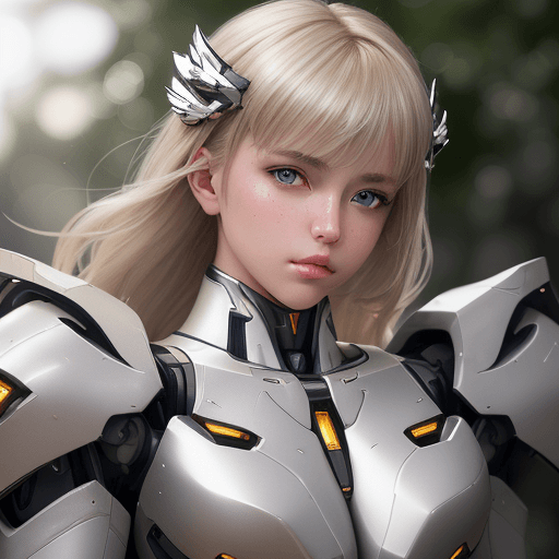 AI generated: A close-up photo of a very beautiful mecha girl, with dark tips beige blonde hair, angelic face, sed...