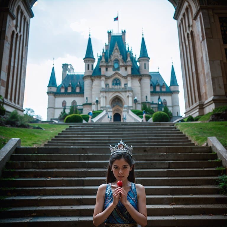 AI generated: RAW studio photo of (a queen with tiara crown eating a strawberry, stairway to heaven, castle explod...