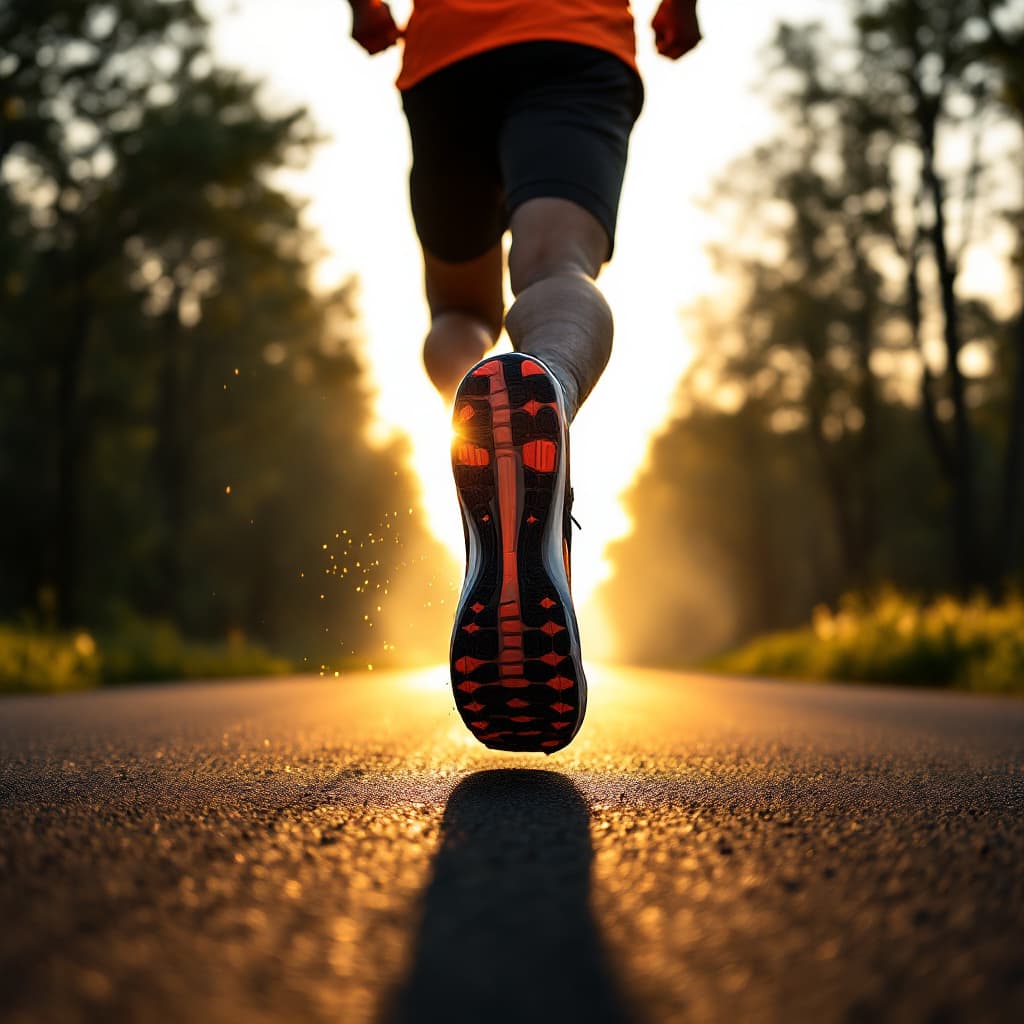 AI generated: "A fit man running on the road, rear low perspective focusing mainly on the shoes and legs, in a rea...