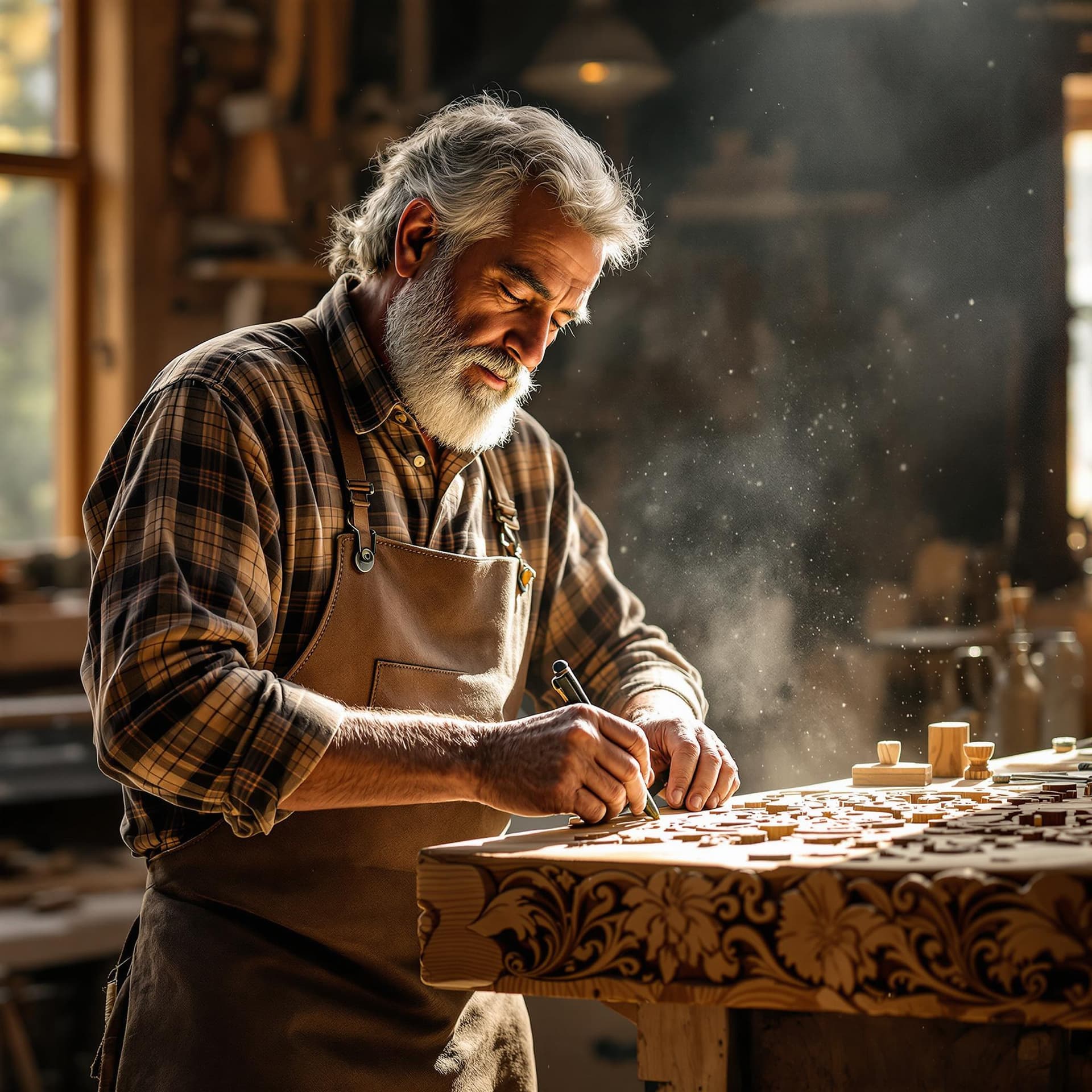 AI generated: A middle-aged Indian male woodworker in his sunlit workshop. He has weathered hands and a focused ex...