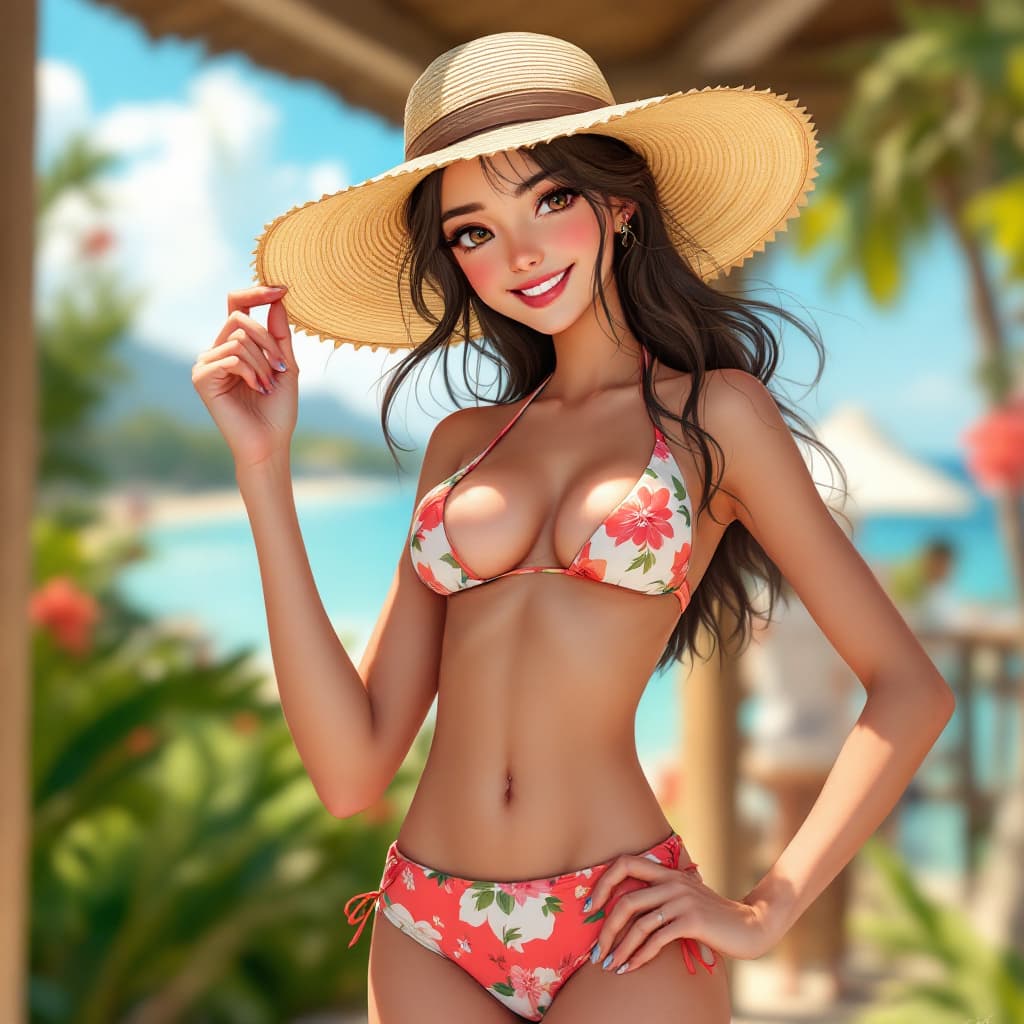 AI generated: A smiling young woman with a vibrant sun hat, cute floral shorts, realistic halter top, beautiful de...