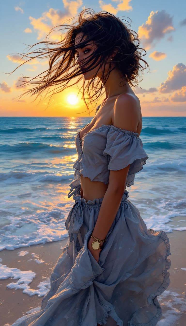 AI generated: a painting of a girl standing on the beach with her hair blowing in the wind and a sunset behind her...