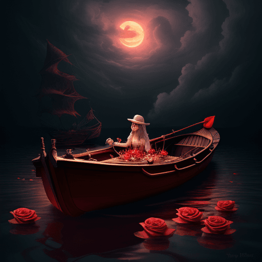 AI generated: a rose in a boat floating in hell
