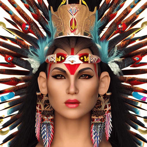 AI generated: Character Design, aztec warrior goddess with beautiful woman face, crown of very long feathers, full...