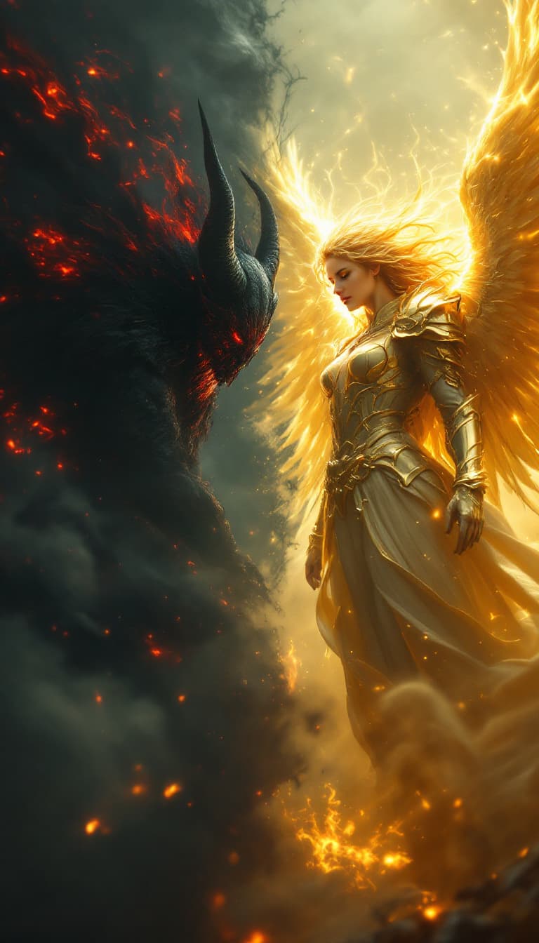 AI generated: A cinematic, hyperrealistic rendering in 8k octane of a timeless clash: A radiant, golden-armored an...
