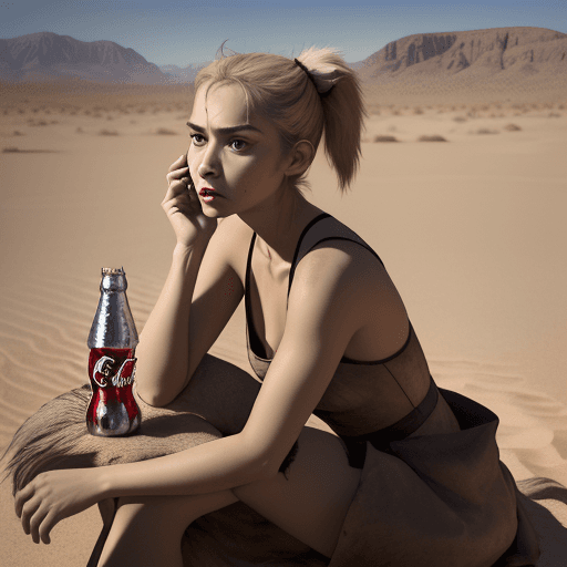 AI generated: short ponytail, Exquisite face, despair, despair, A bottle of Coca-Cola stands in the desert, A pack...