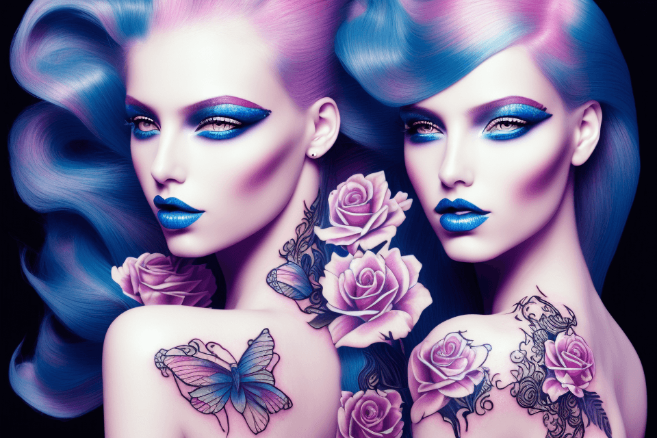 AI generated: beauty beauty model tattoo designs by karimah, hair coloring for a woman, in the style of silkscreen...