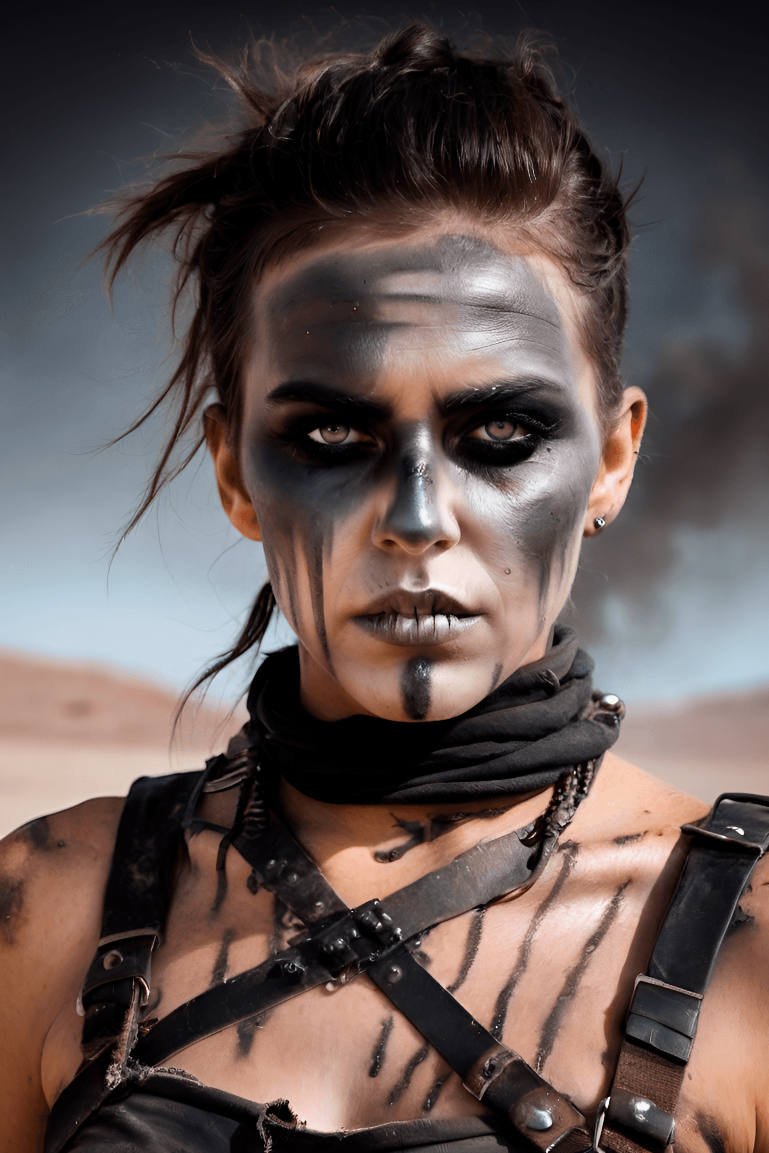 AI generated: mad max woman character, smoky eye shadow, war paint, military apocalypse outfit, 