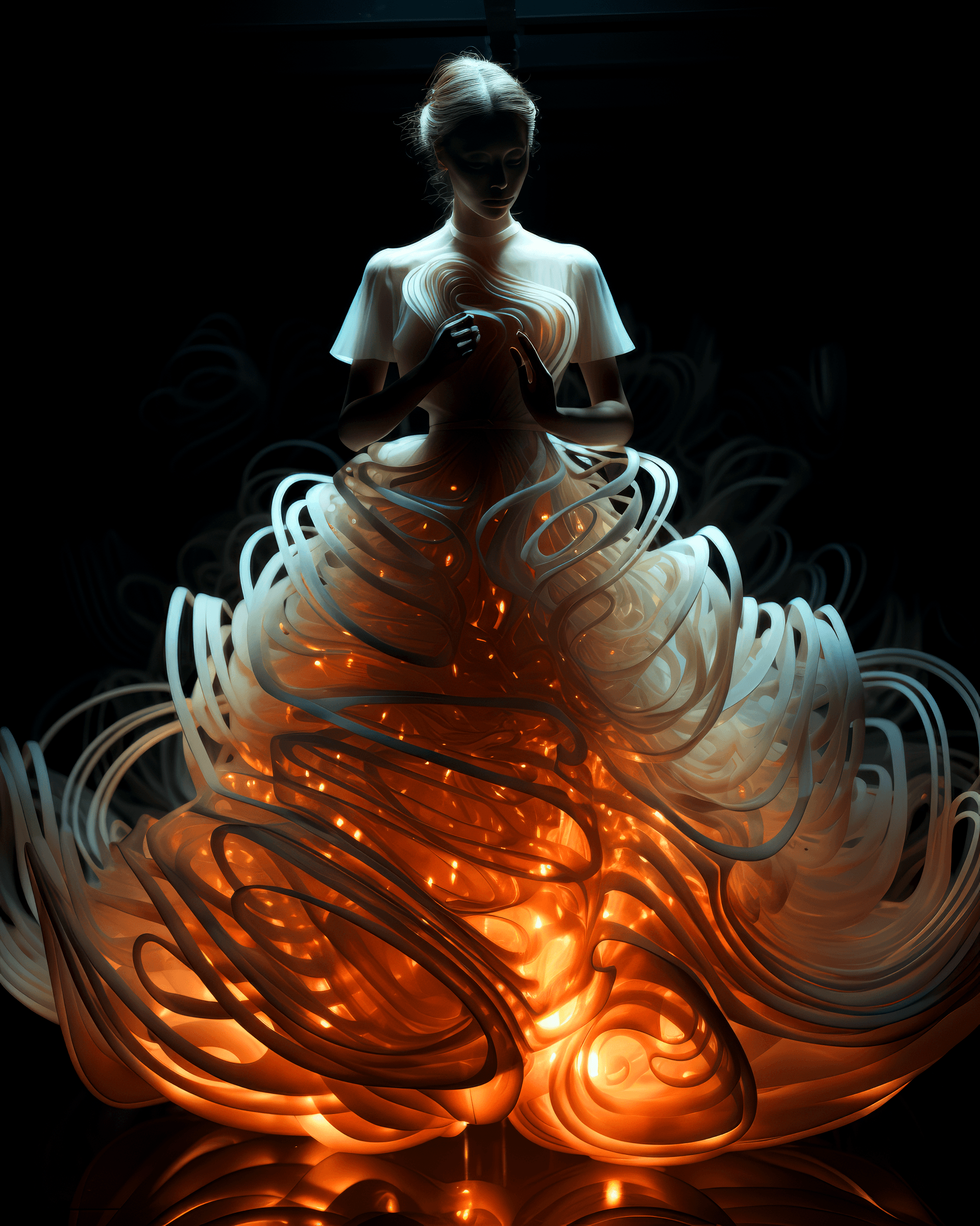 AI generated: a woman in a skirt and dress is standing in a dark room, in the style of translucent resin waves, te...
