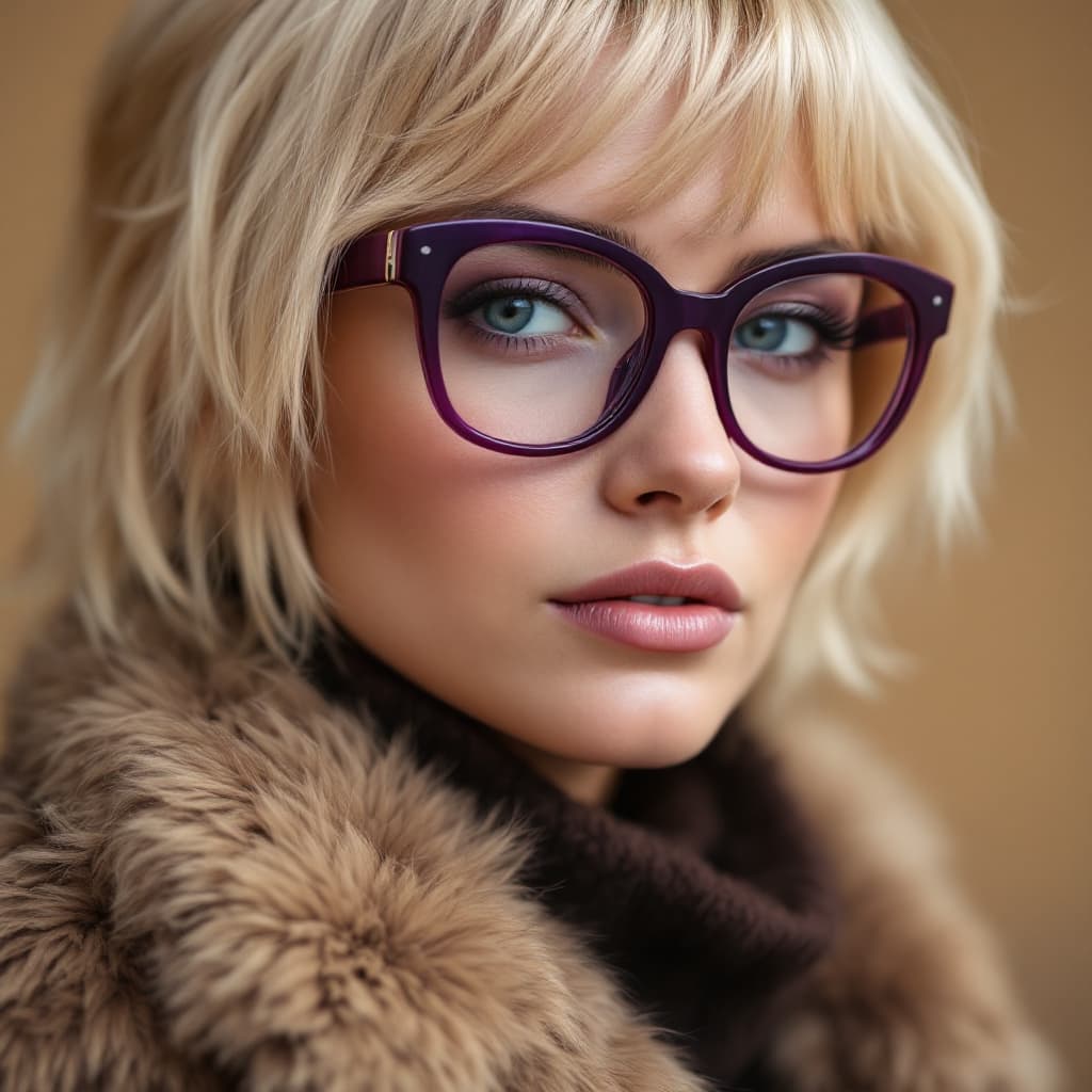 AI generated: (medium shot:1.3) photography, woman wearing purple eyeglasses, fur sweater, blond hair, short hair,...