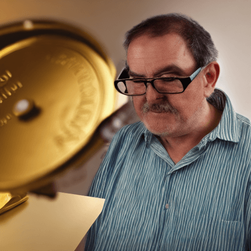 AI generated: old researcher, observing gold greek coin, defocused background