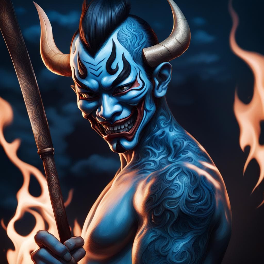 AI generated: skinny man with men-yoroi face, infernal flames, Photograph Taken on Nikon D750, Intricate, Elegant,...