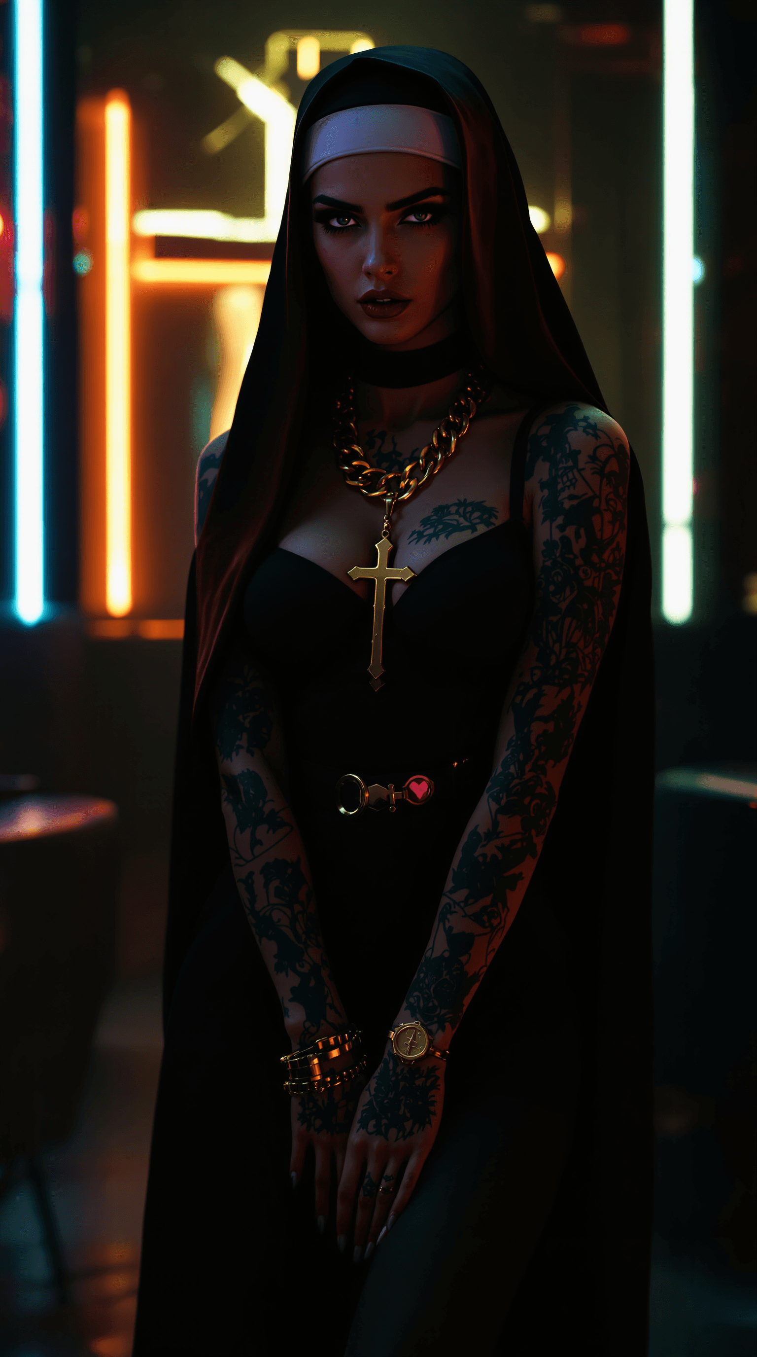 AI generated: Full body view of a young beautiful tattooed nun with a modern twist. She wears traditional nun atti...