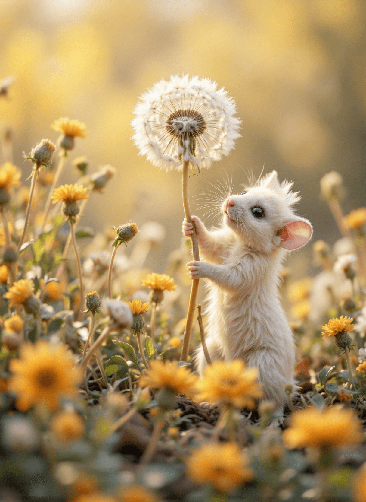AI generated: The image depicts a small, white mouse climbing the stem with its paws to touch the fluffy top of a ...