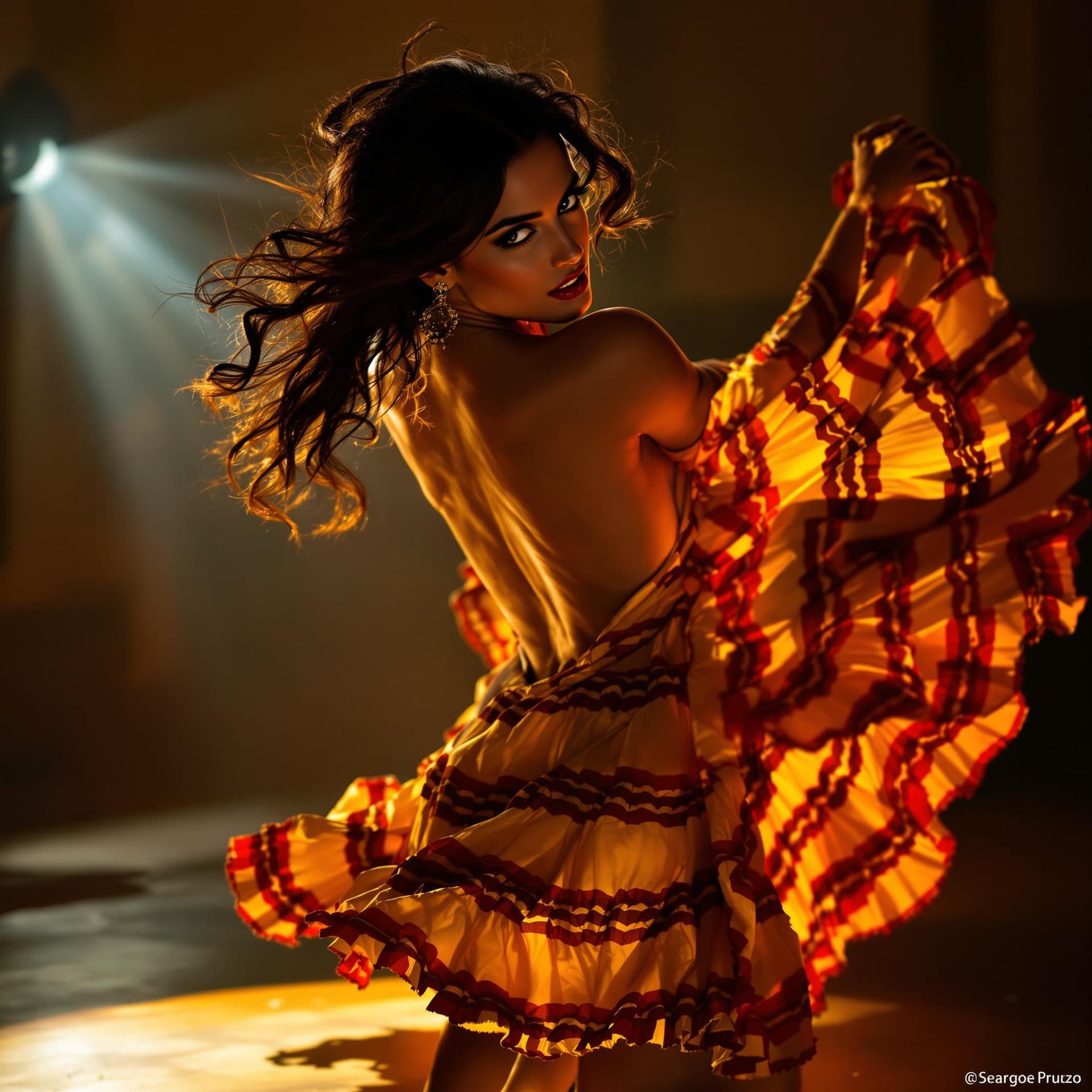 AI generated: photo of Penélope Cruz, in a Spanish flamenco dance floor, passionate Indian beauty, flamenco dancer...