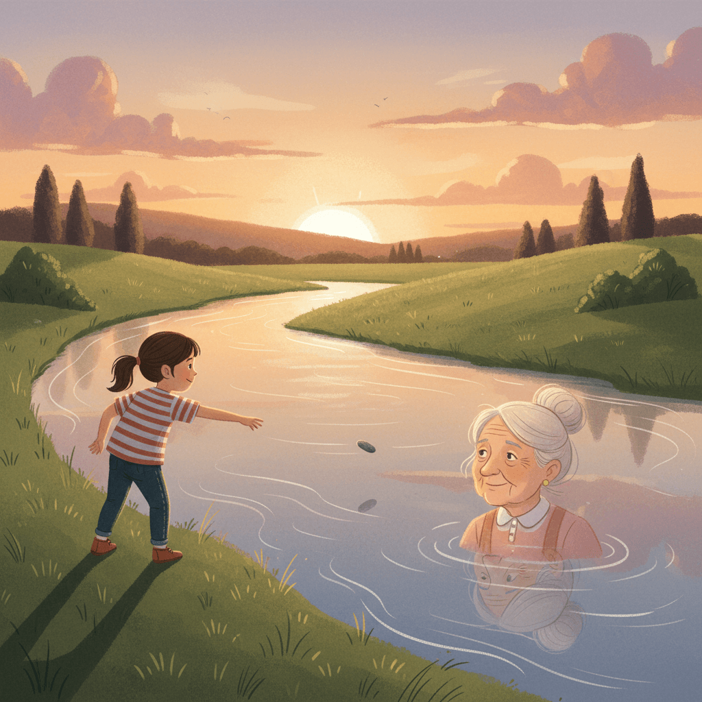 AI generated: CREATE AN ILLUSTRATION OF A SMALL GIRL THROWING A SMALL ROCK INTO THE RIVER FROM DISTANCE. THE REFLE...