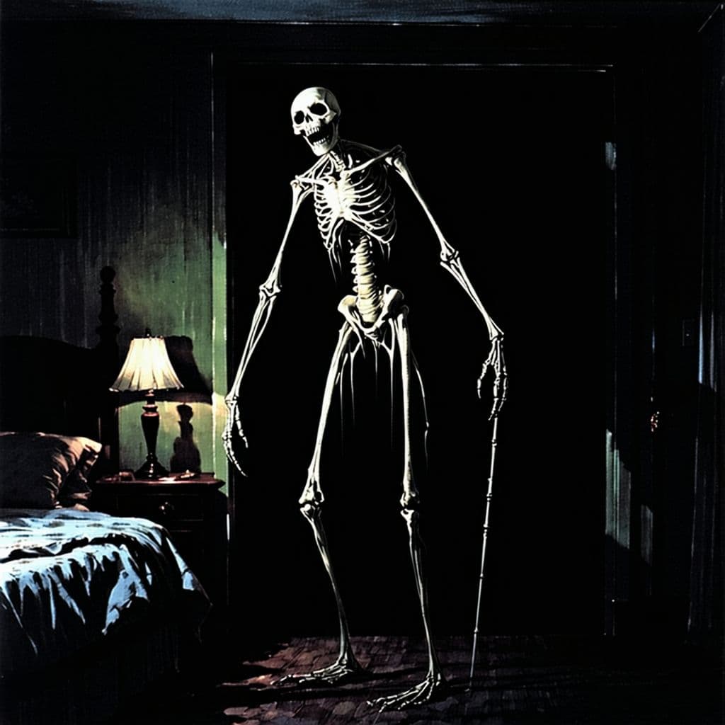 AI generated: A horrifying humanoid creature breaking into a dark bedroom, with extremely long limbs. It stands on...