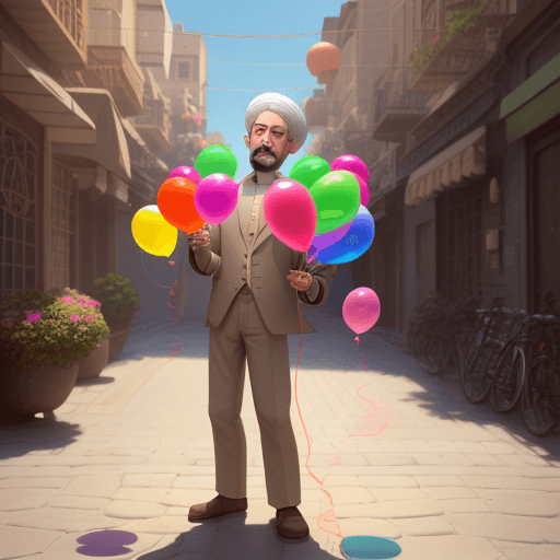 AI generated: Very cute Shia Tehrani cleric 40 years old holding balloons in a beautiful street on a sunny day ful...