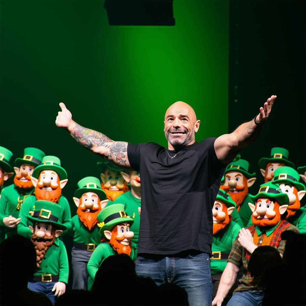 AI generated: creme de la creme Joe rogan, showing off how Joe rogan he is to a crowd of leprechauns



