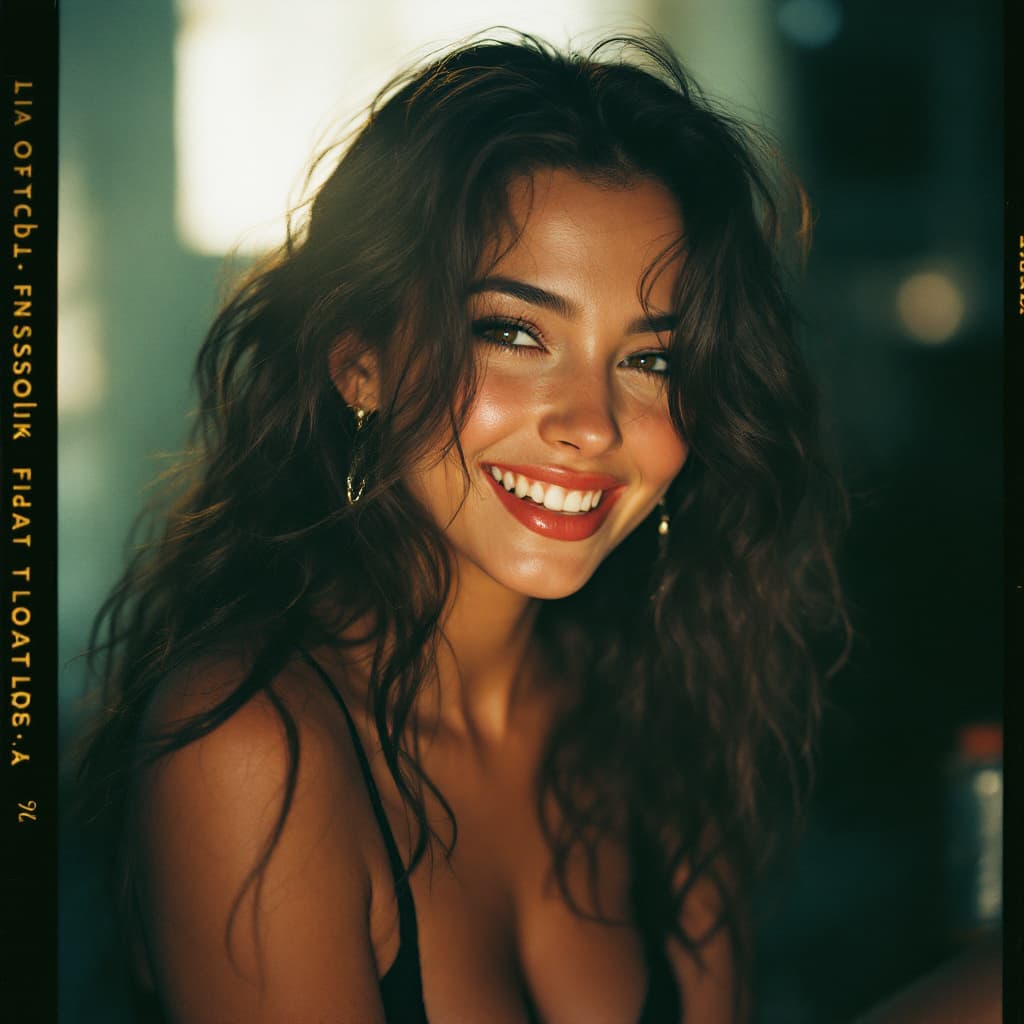 AI generated: Kodak disposable camera photo of a beautiful female, smiling suggestively