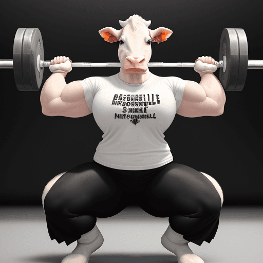 AI generated: White Nellore cow, adult anthropomorphic cow, weightlifter, very strong, doing a lot of strength, sh...