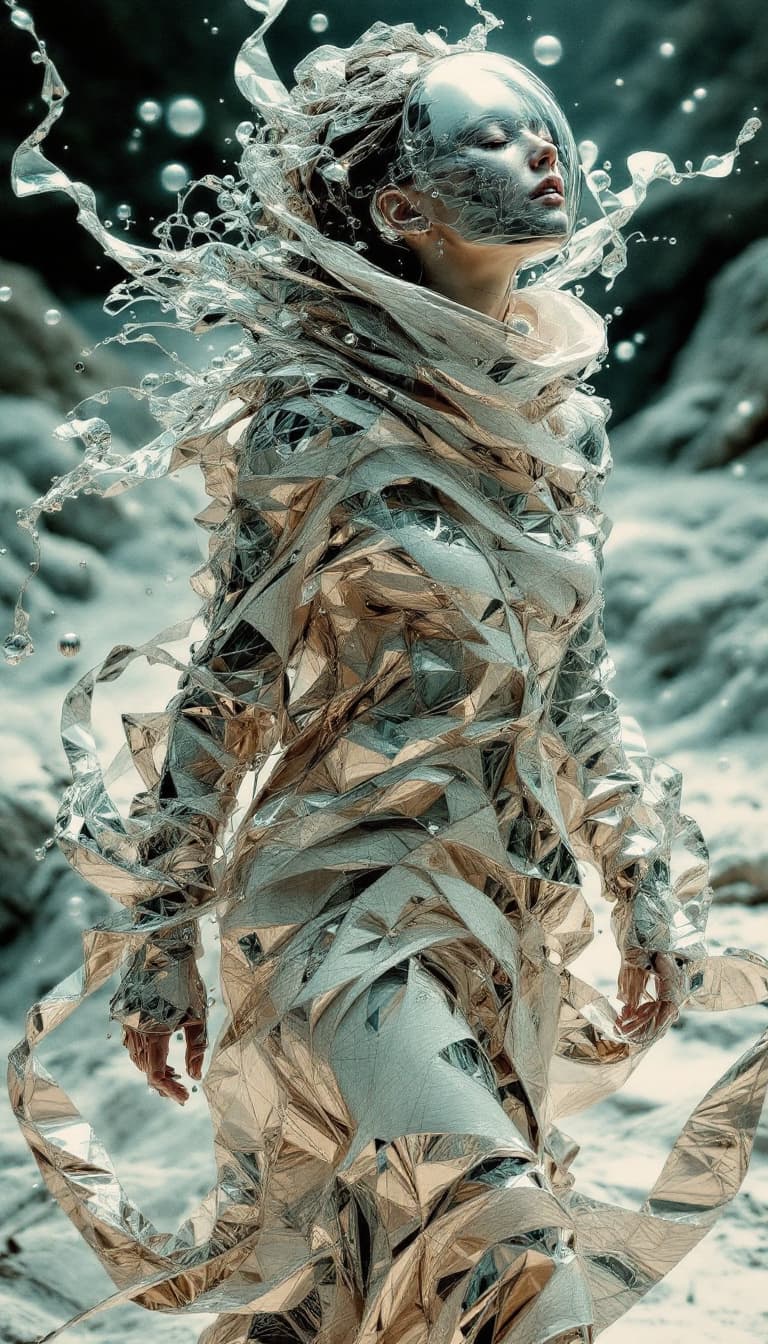 AI generated: A resilient echo speaker, her form composed of layered reflections, and her clothing crafted from a ...