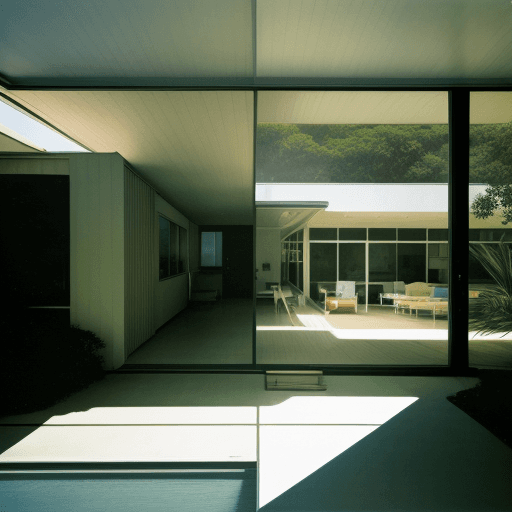 AI generated: Hyper realistic eye level exterior photo of a mid century modern style house overlooking the ocean, ...