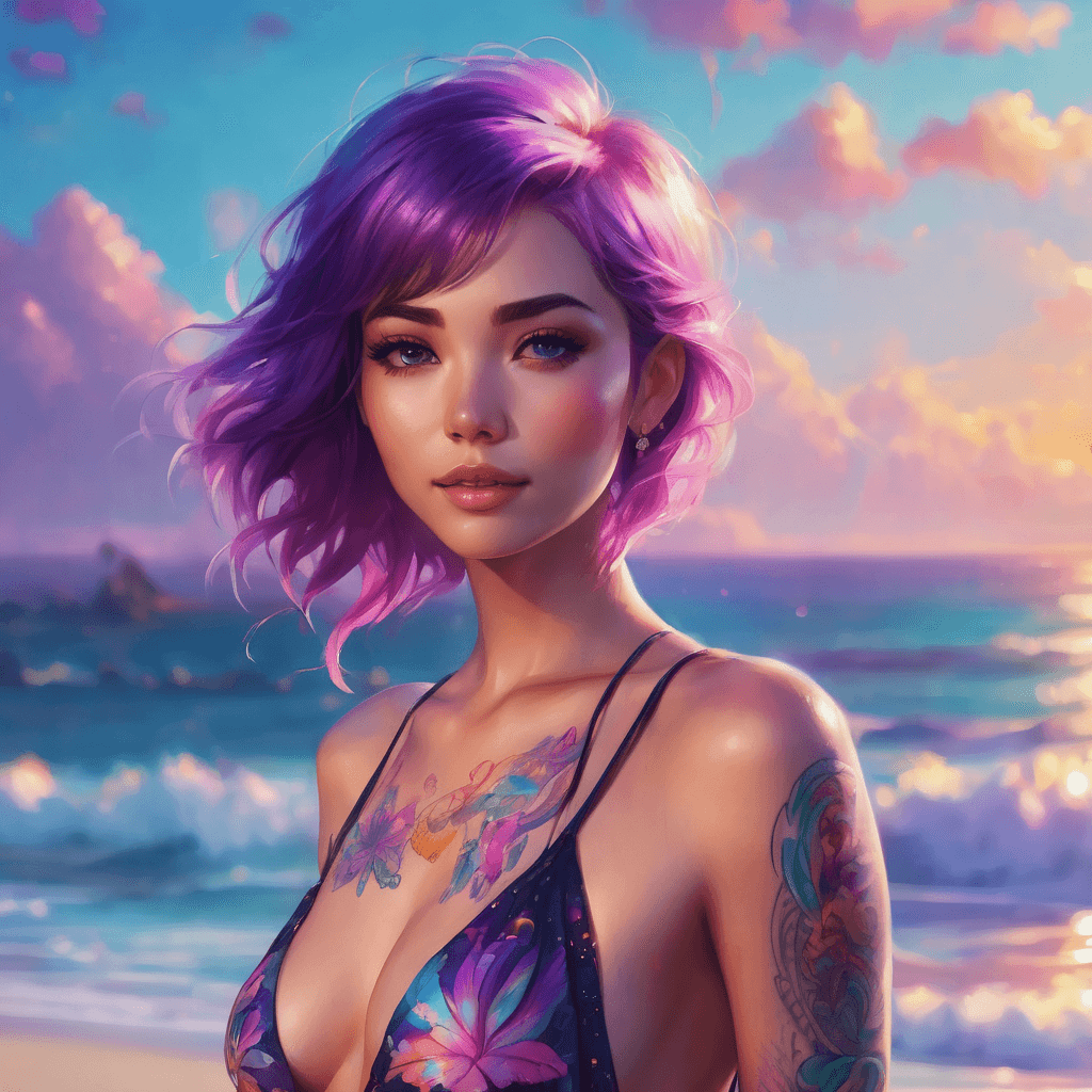 AI generated: a woman standing on top of a beach next to the ocean, by Ross Tran, Artstation, lisa frank style, ta...