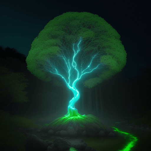AI generated: Un gran círculo de luz rodea un árbol frondoso. La imagen es un paisaje de fantasía, de estilo vibra...