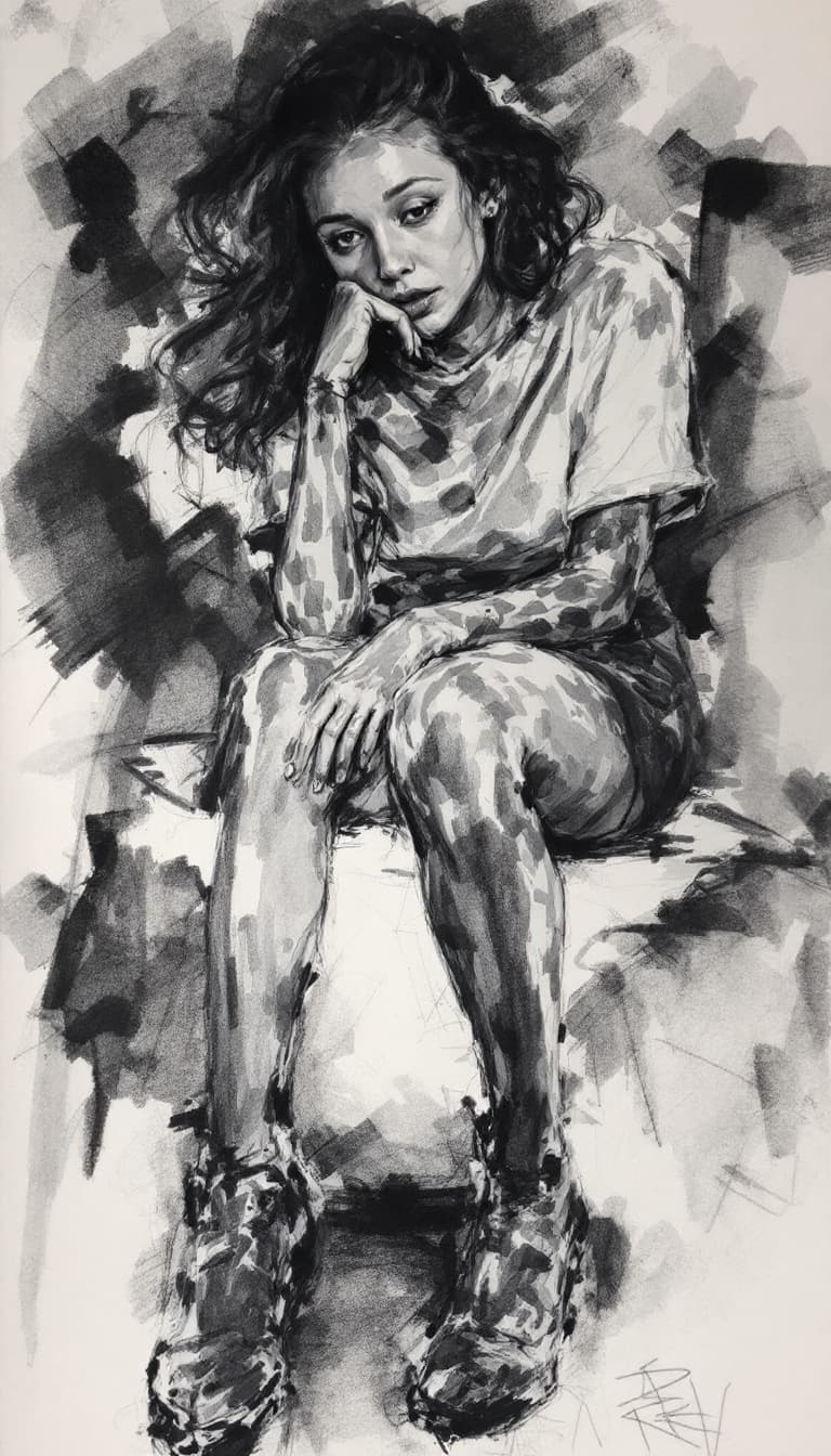 AI generated: Girl, charcoal sketch, wondering, 