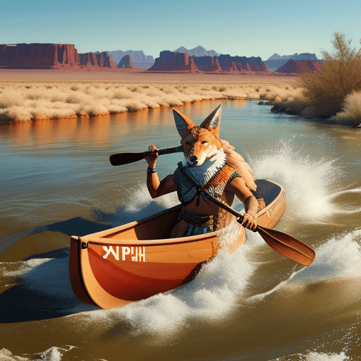 AI generated: native american art of cypherpunk coyote maneuvering a canoe with a wooden paddle down a roaring riv...
