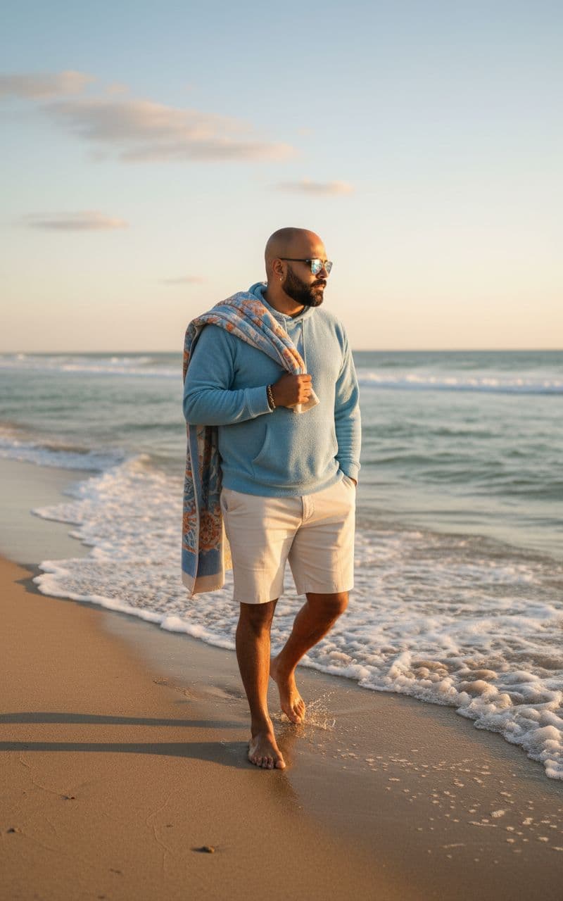 AI generated: Subject: A relaxed late-20s man. Clothing: Light blue terry cloth hoodie, tailored cream-colored sho...