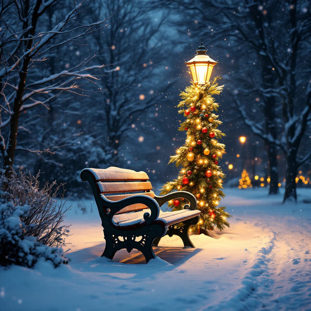 AI generated: Christmas bench, with street lamp illuminating, in park, while snow falls, cover, detailed 4k, the b...