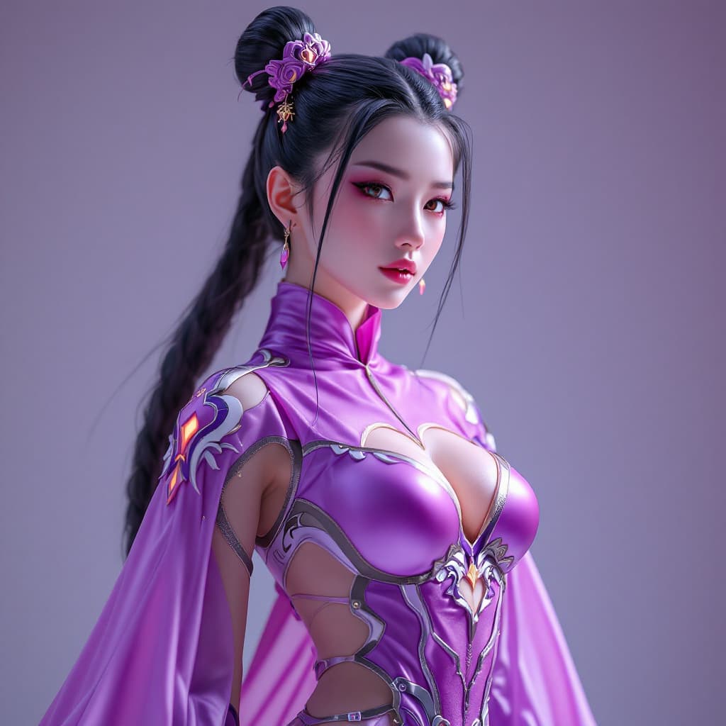 AI generated: Generates a hyper-detailed full-body image of a female Chinese superhero, dressed in a pink and purp...