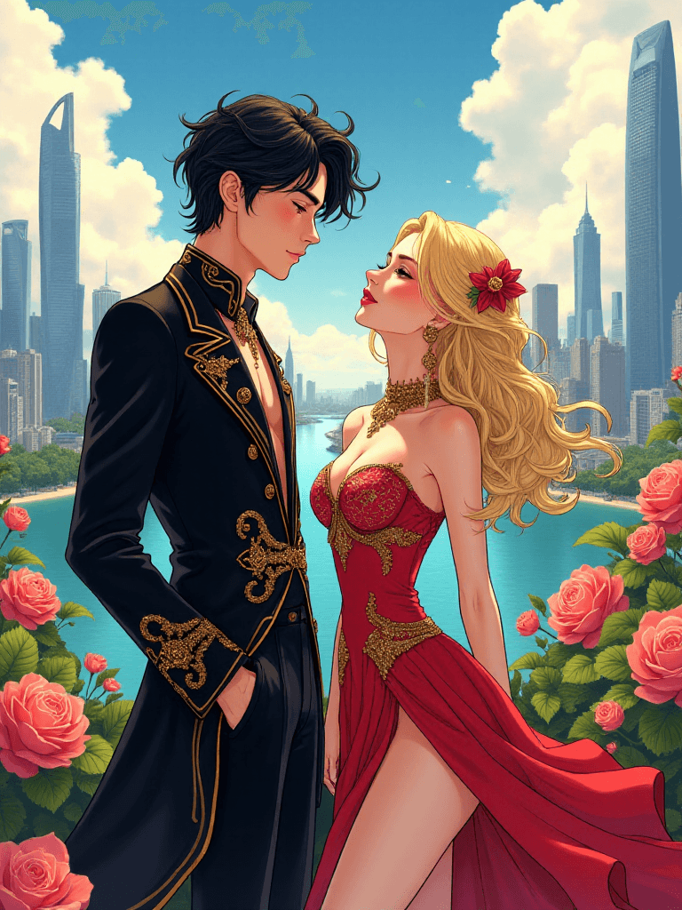 AI generated: Illustration of beautiful city of towering skyscrapers, islands, vibrant colors, fair skin, the youn...
