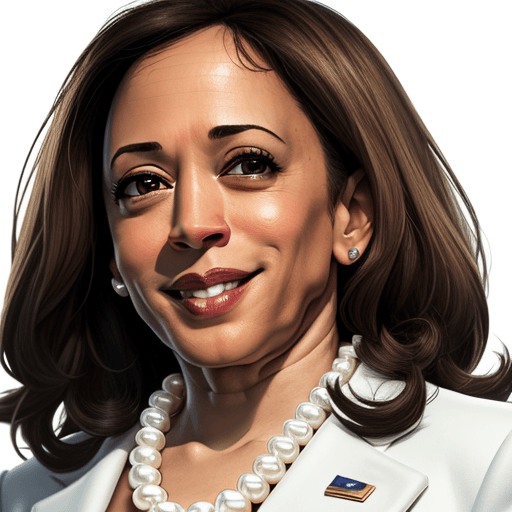 AI generated: cartoon kamala harris headshot, looking into camera, white background, smiling, 4K, wearing a cream ...