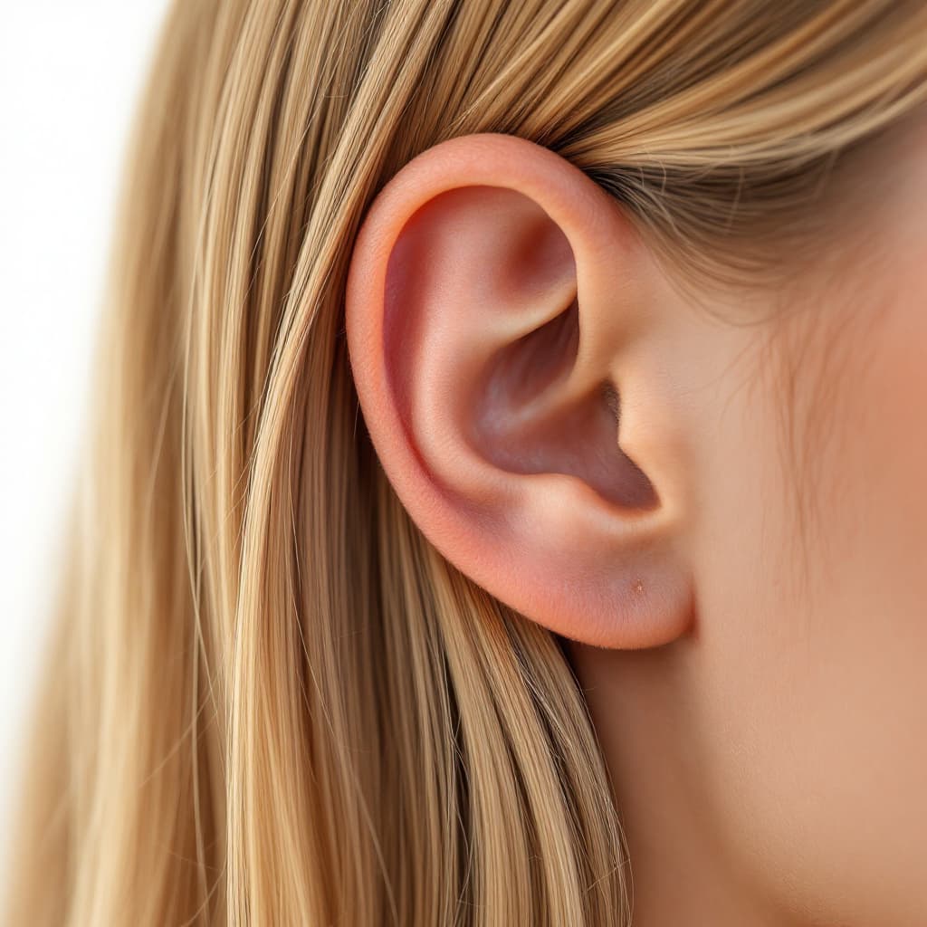 AI generated: A high-resolution close-up of a realistic right human ear, clean and smooth skin, long natural brown...