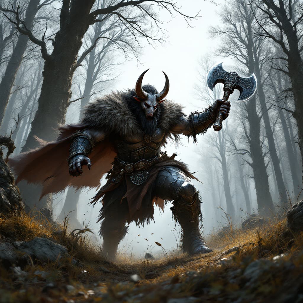 AI generated: A minotaur barbarian warrior, sheathed in battered black chrome armor, charges forward into the midd...