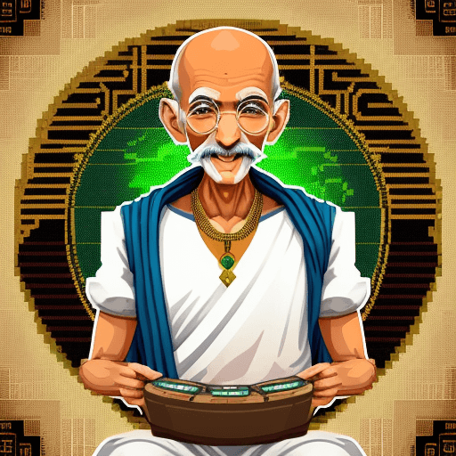 AI generated: Mahatma Gandhi Pixelart cryptopunk style with round glasses and happy smile india folk style with cr...