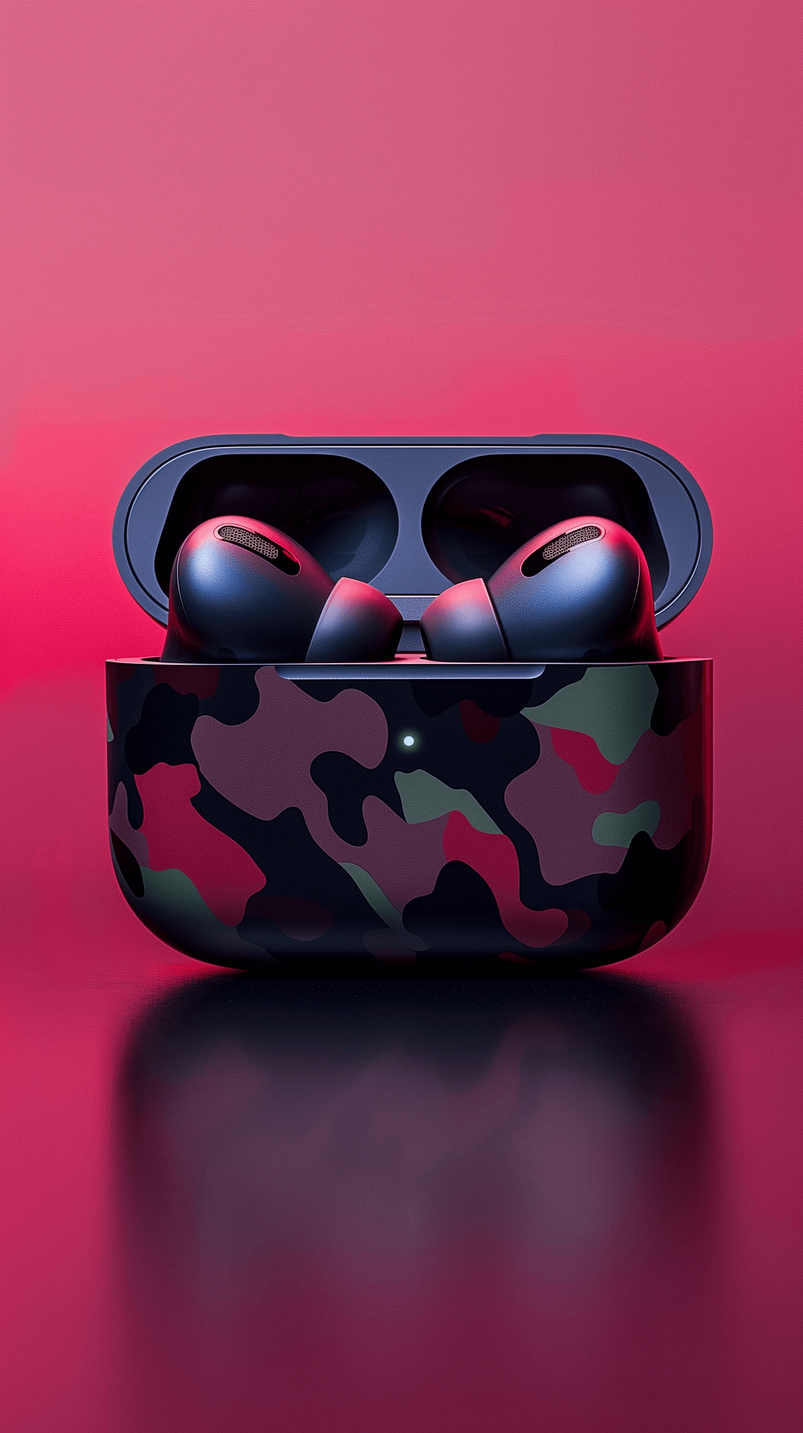 AI generated: productive photography, concept design, Apple AirPods Pro 2, camouflage pattern, matte ear tips, str...