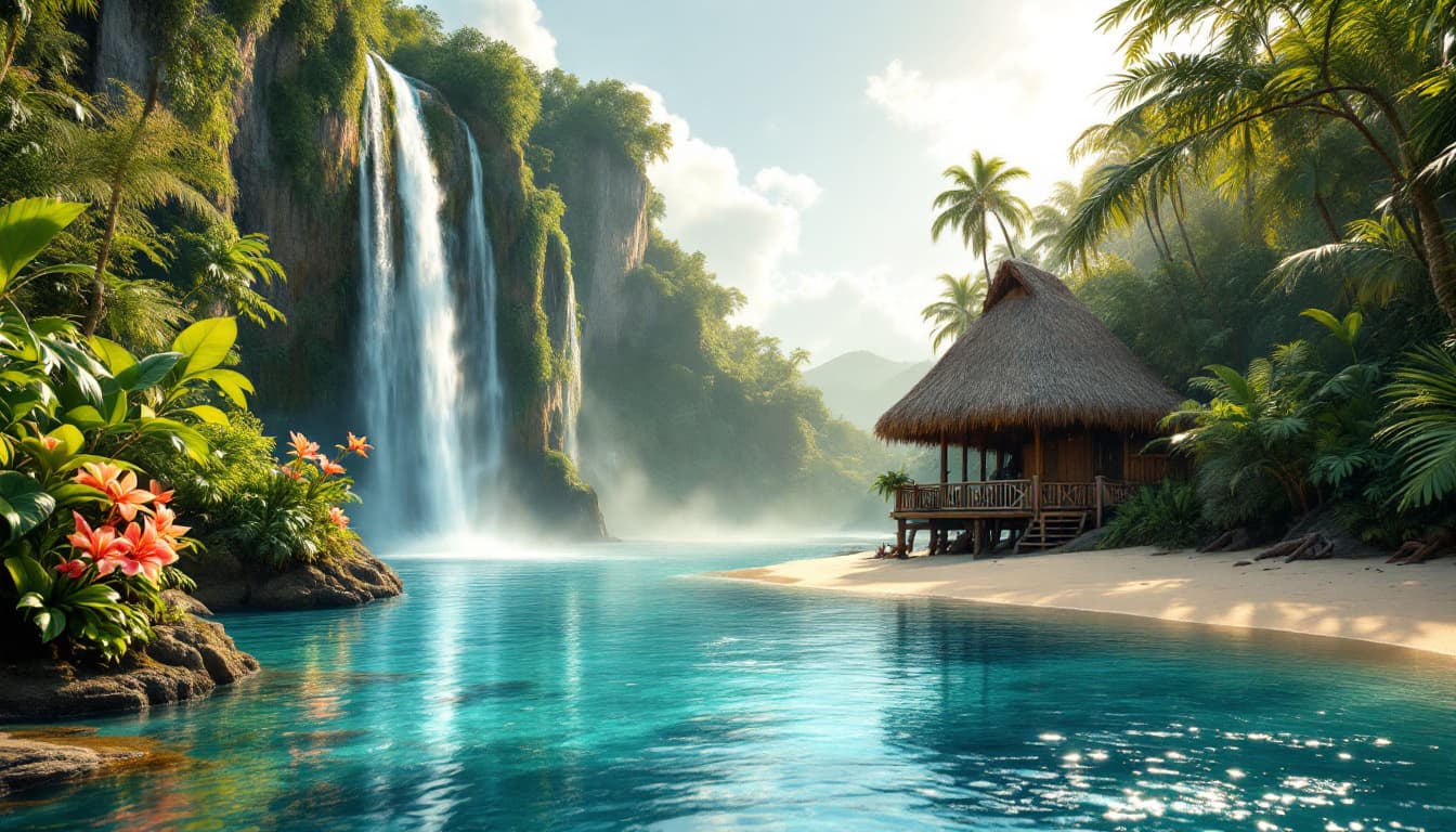 AI generated: depicting a stunning, idyllic paradise lagoon in the Asian South Pacific, reminiscent of the iconic ...