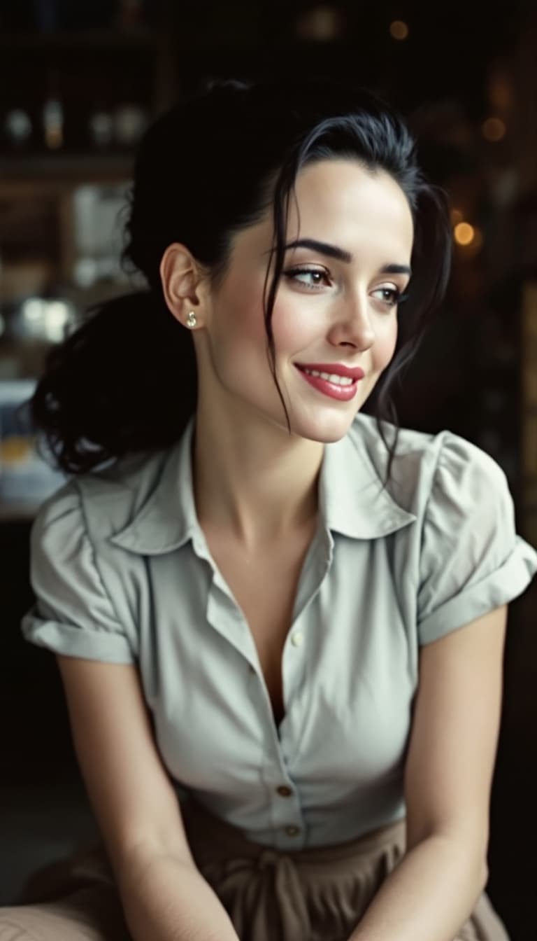 AI generated: 50's Polarized photo , Jennifer Connelly,ponytail hairstyle, feeling.