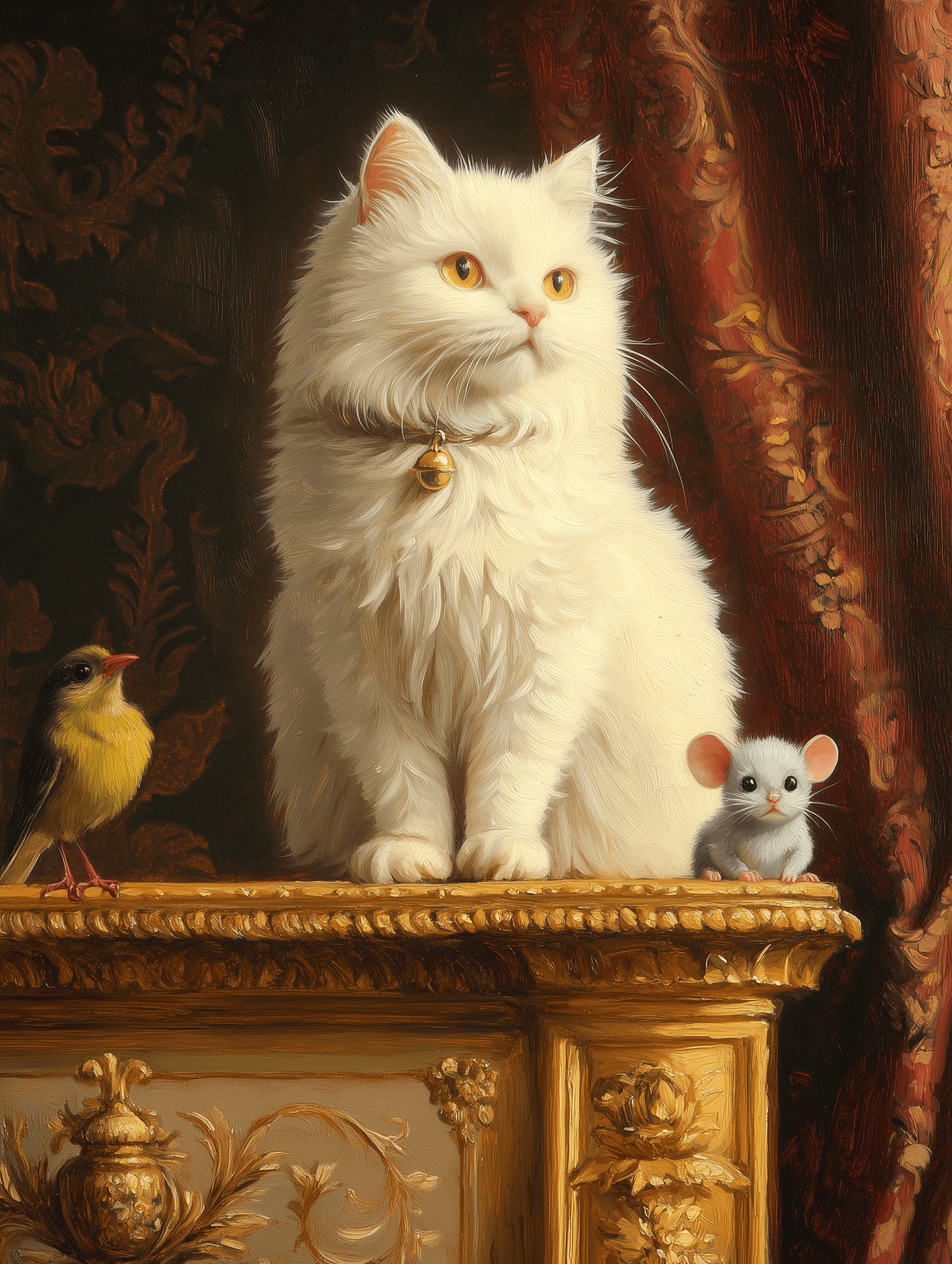AI generated: A white cat sits on top of a yellow table with gold accents. Behind the curtain is brown and red dra...