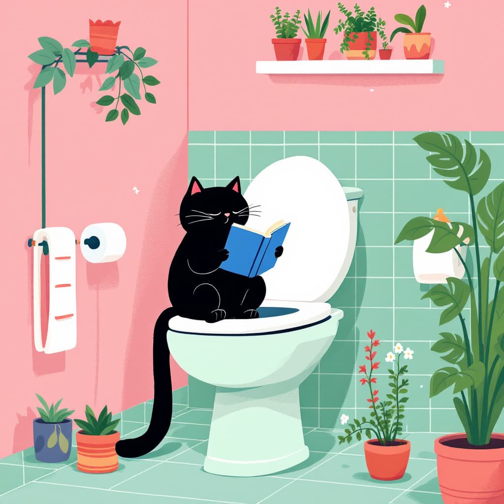AI generated: A black cat sits on the open toilet seat, reading a book. The walls are pink, and the tiles are gree...