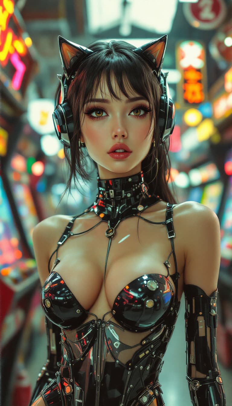AI generated: Vintage-style retro Japanese art. Keep illustrative. Stunning woman in a sleek, cybernetic catsuit. ...