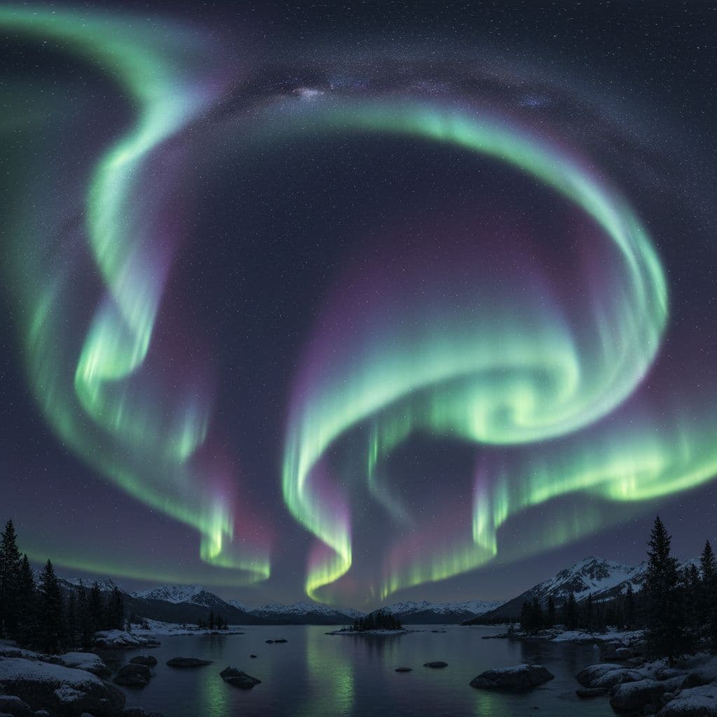 AI generated: Northern Lights sky in ultra-realistic 3D, seamless panoramic backdrop.