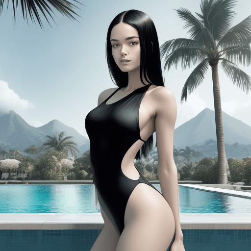 AI generated: A serene woman standing by a pool, looking over her right shoulder towards the camera. She has shoul...