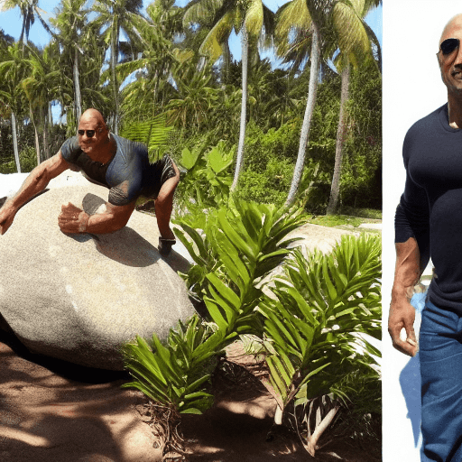 AI generated: Dwayne Johnson en una isla ,sentado en una piedra, alrededor se ve diferentes tipos de palmeras, al ...