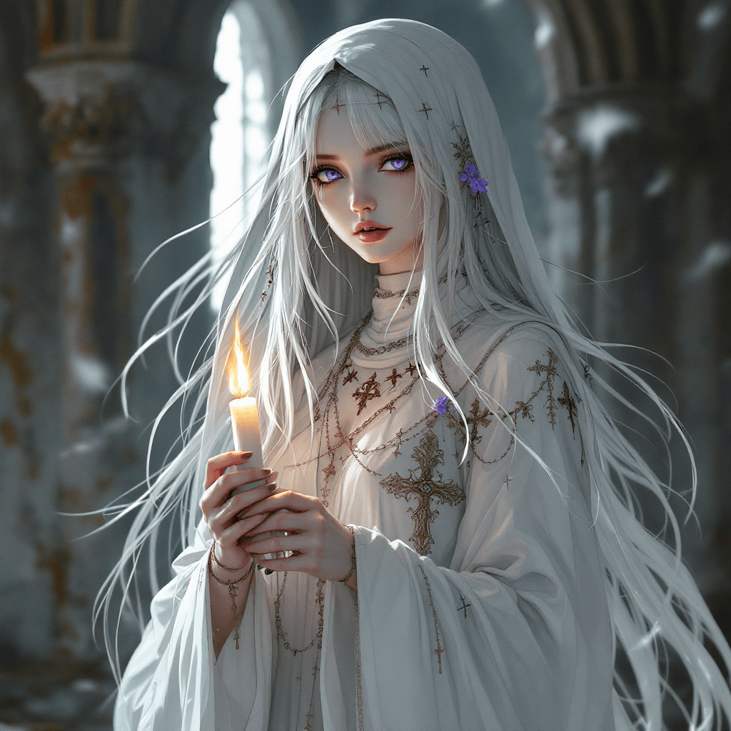 AI generated: The Spirit Guide Nun: An ethereal figure with long, flowing, silver hair, often veiled and adorned w...
