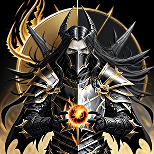 AI generated: Lord of the "Frenzied Flame", "Elden Ring", "black overlapping plate armor edged with gold", "black ...